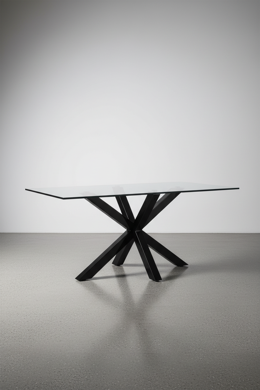 Table à manger rectangulaire moderne en MDF et verre trempé avec pieds étoile personnalisables pour salle à manger