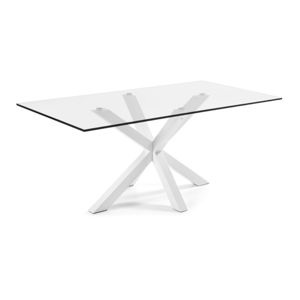 Table à manger moderne en verre trempé avec pieds métalliques en étoile pour salle à manger