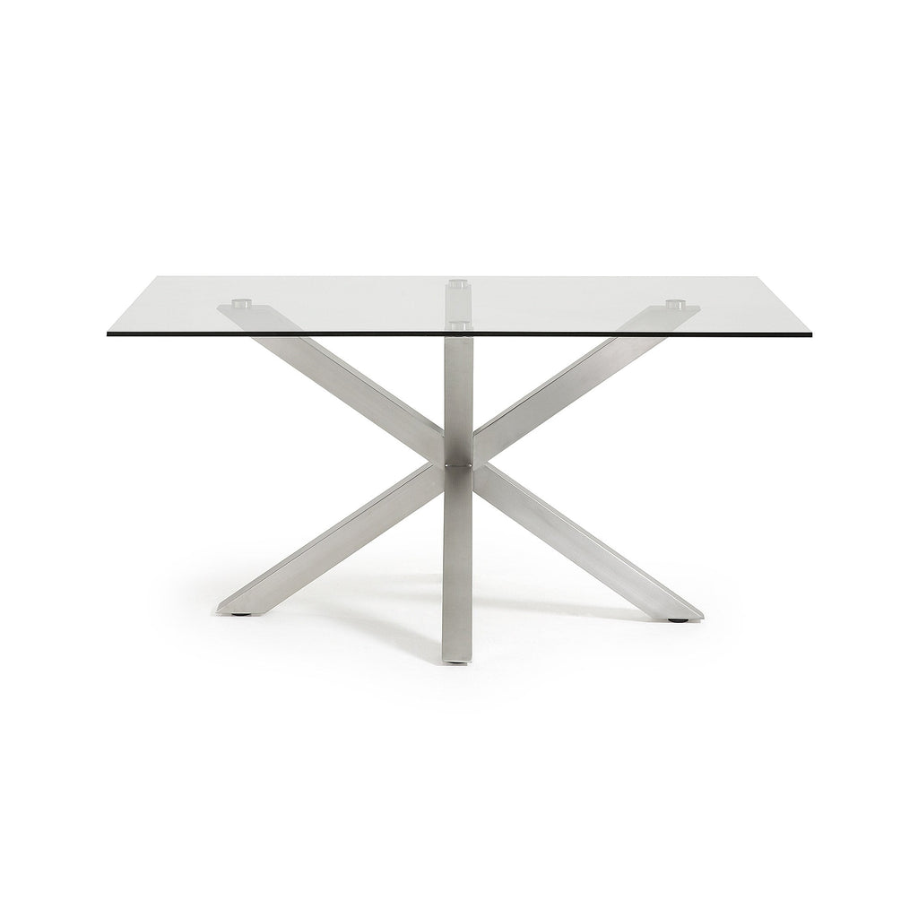 Table à manger moderne en verre trempé avec pieds métalliques en étoile pour salle à manger