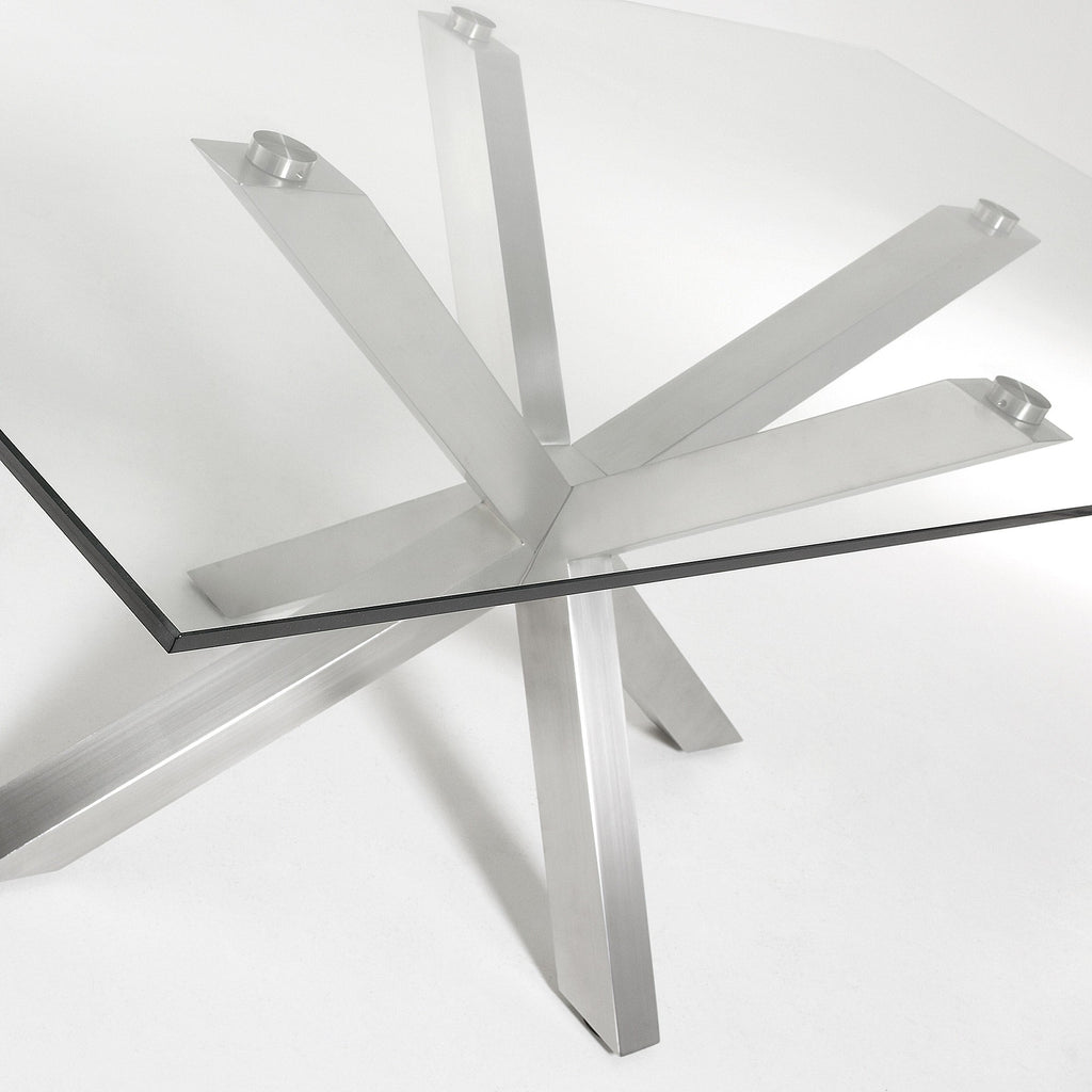 Table à manger moderne en verre trempé avec pieds métalliques en étoile pour salle à manger