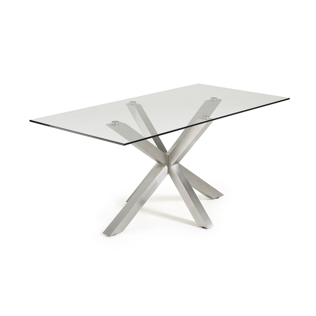 Table à manger moderne en verre trempé avec pieds métalliques en étoile pour salle à manger
