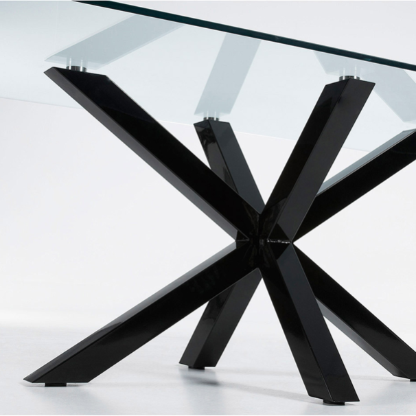 Table à manger moderne en verre trempé avec pieds métalliques en étoile pour salle à manger