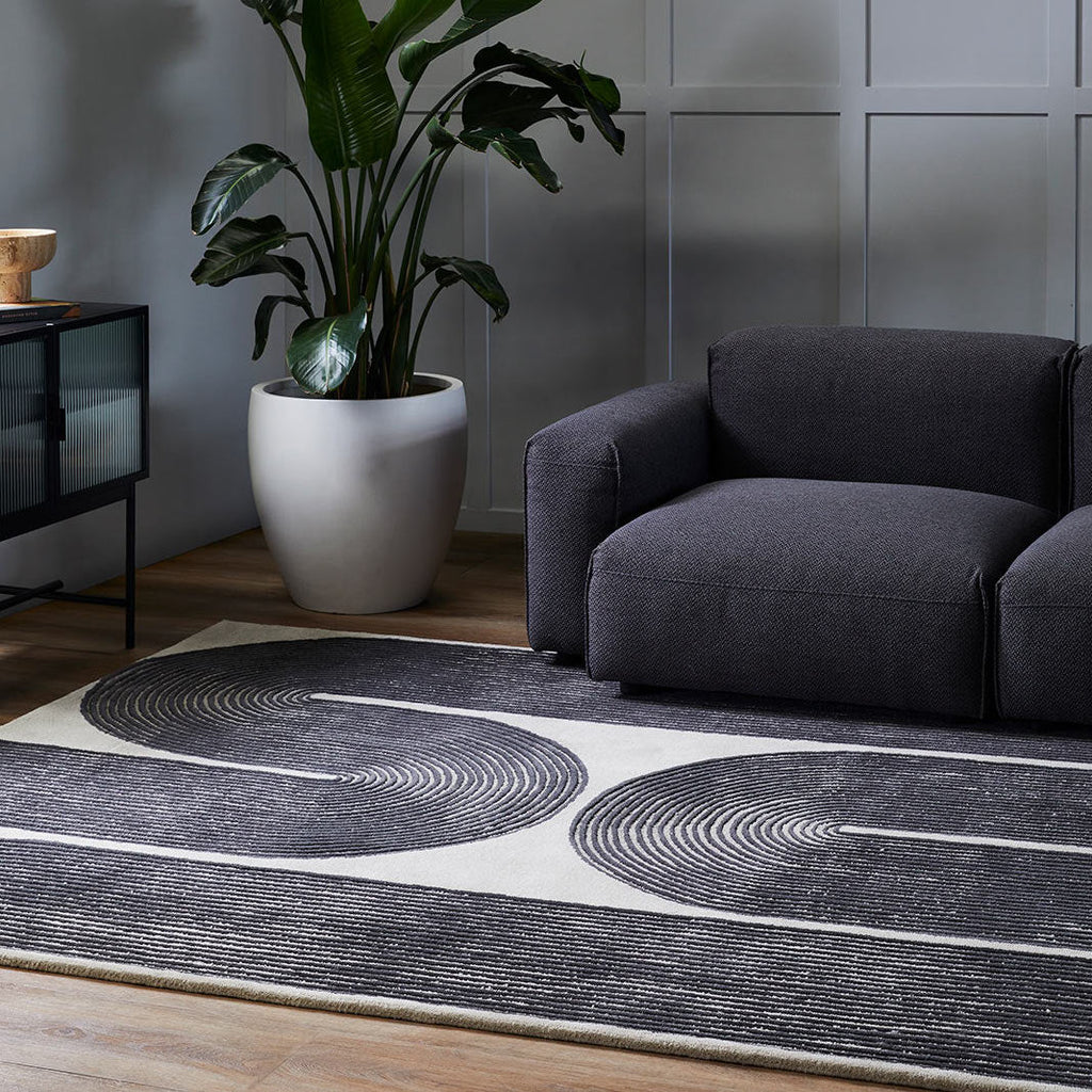 Tapis Rétro 100% Laine Tissé Main à Boucle Coupée, Motifs Lignes Architecturales pour Salon