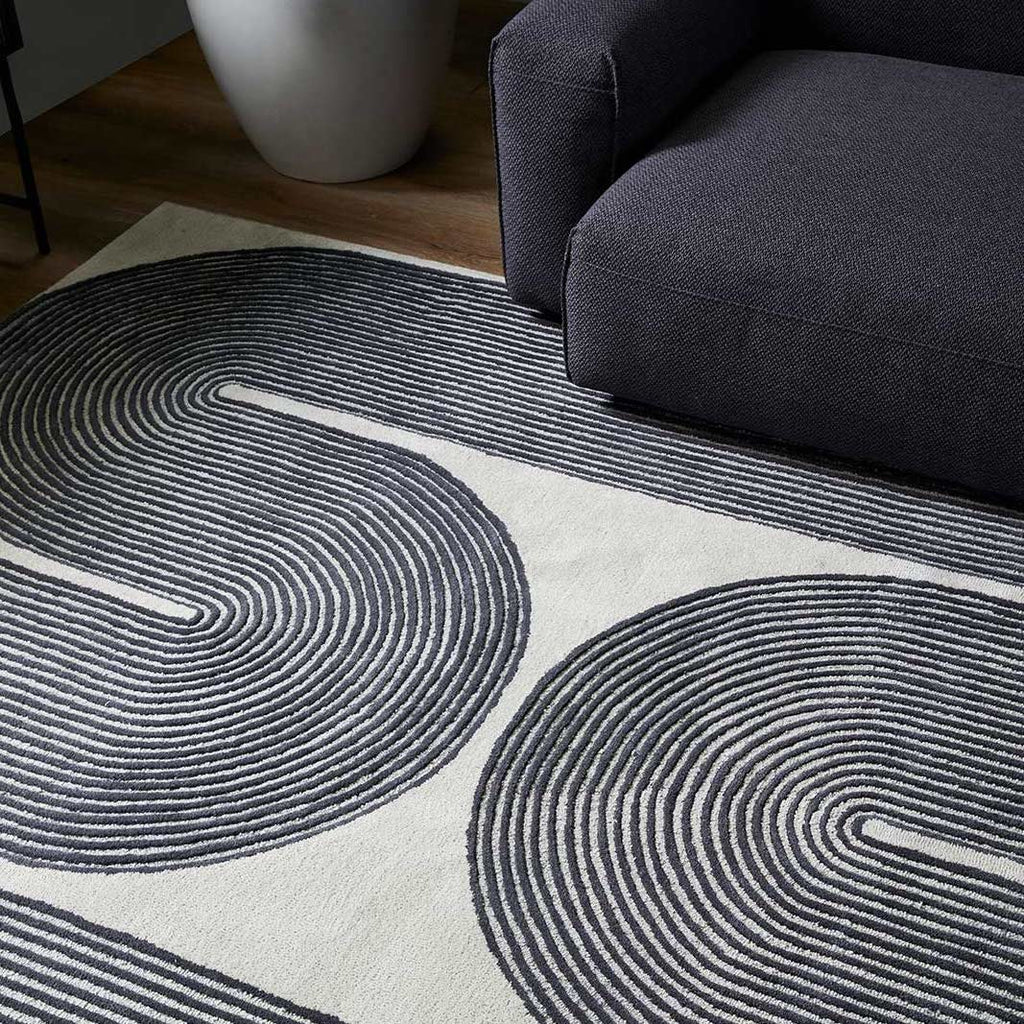 Tapis Rétro 100% Laine Tissé Main à Boucle Coupée, Motifs Lignes Architecturales pour Salon