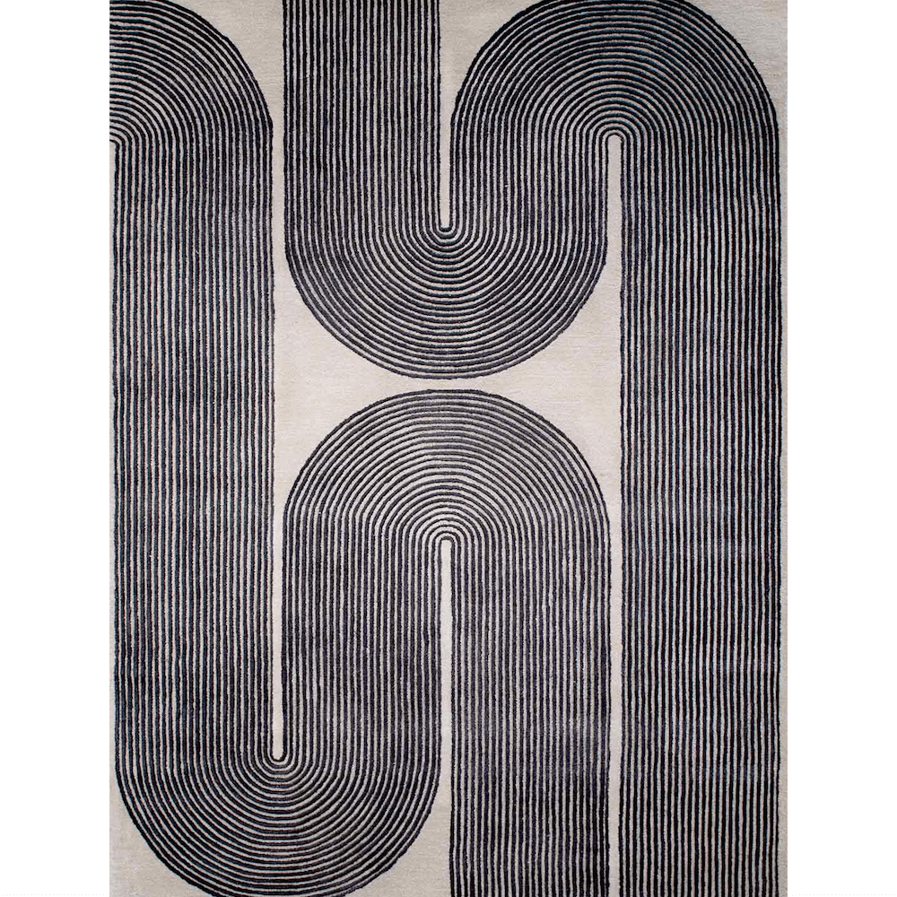 Tapis Rétro 100% Laine Tissé Main à Boucle Coupée, Motifs Lignes Architecturales pour Salon