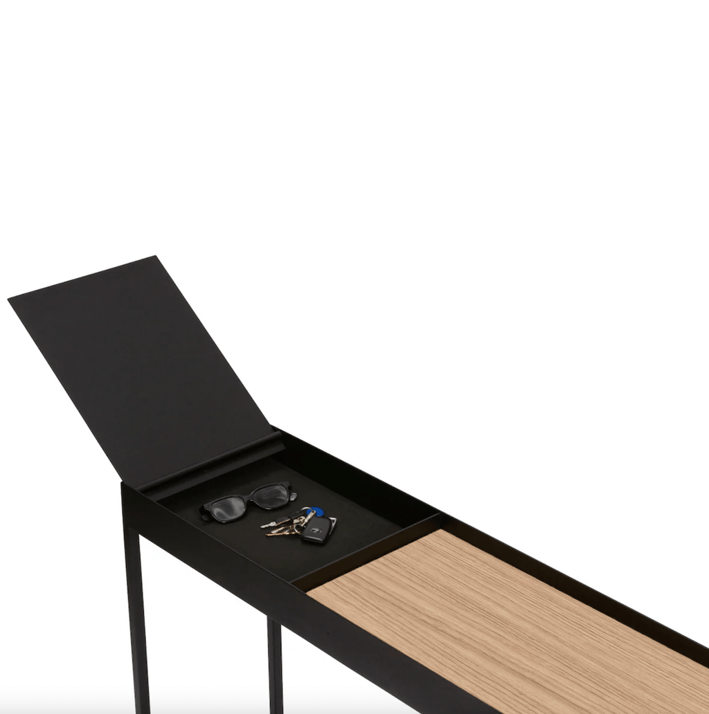 Console de rangement moderne en stratifié imitation bois avec compartiment caché à couvercle rabattable pour couloir