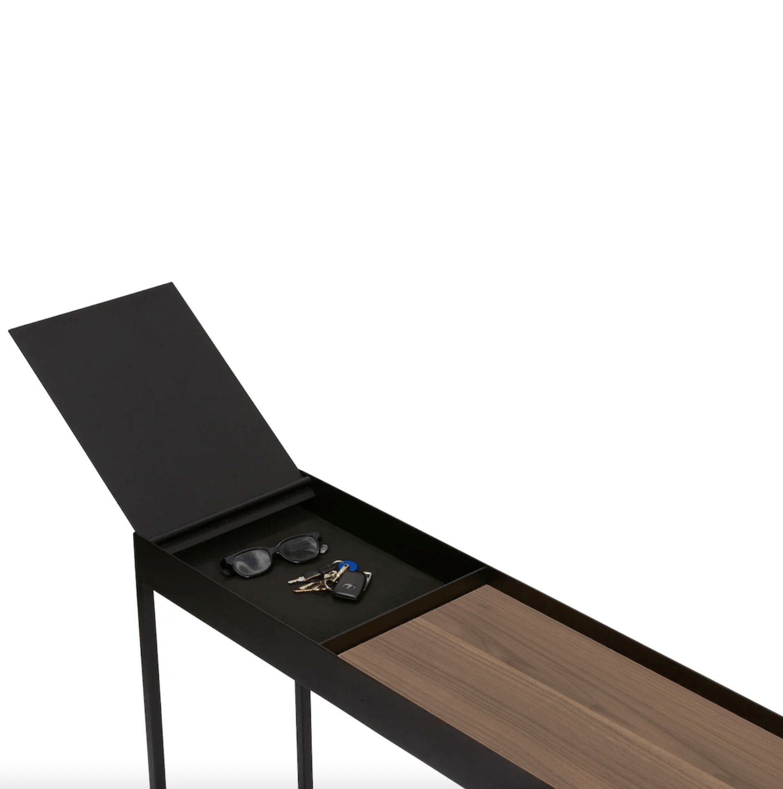 Console de rangement moderne en stratifié imitation bois avec compartiment caché à couvercle rabattable pour couloir