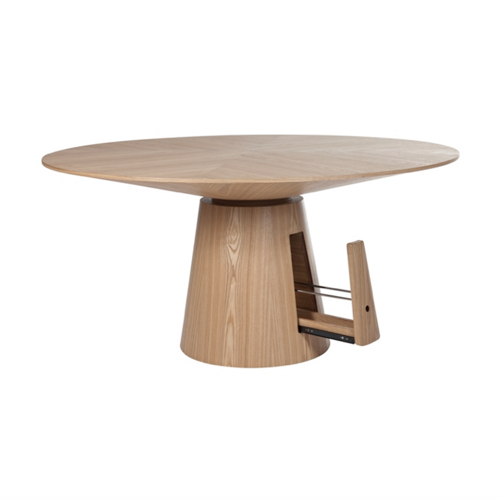 Table de salle à manger ronde d'inspiration japonaise en placage de frêne avec pied central et rangement dissimulé