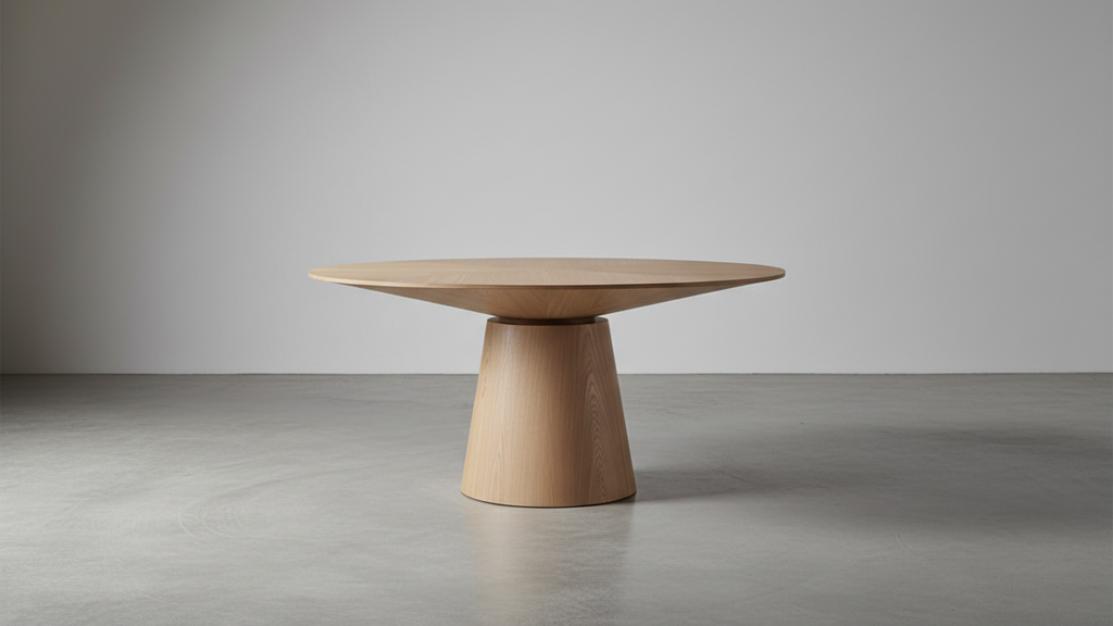 Table de salle à manger ronde d'inspiration japonaise en placage de frêne avec pied central et rangement dissimulé