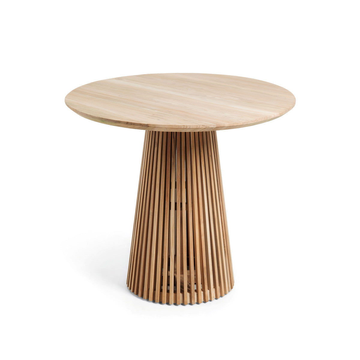 Table à manger ronde en teck massif naturel avec piédestal à lattes pour salle à manger