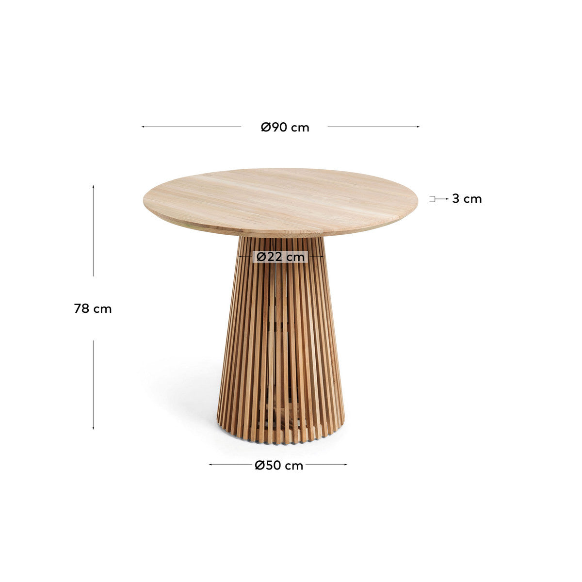 Table à manger ronde en teck massif naturel avec piédestal à lattes pour salle à manger