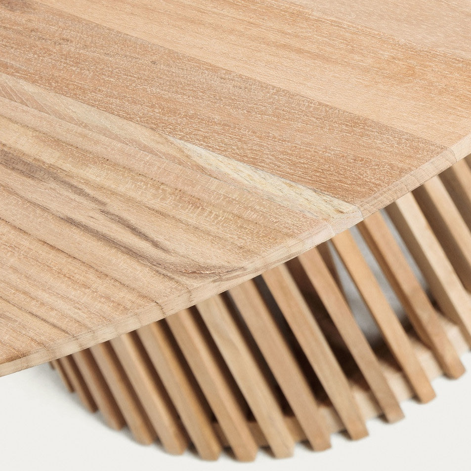 Table à manger ronde en teck massif naturel avec piédestal à lattes pour salle à manger