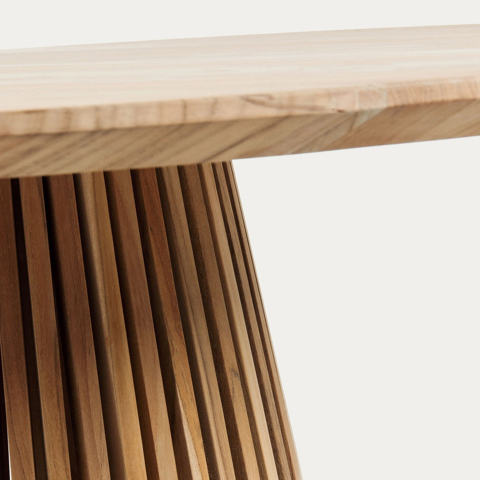 Table à manger ronde en teck massif naturel avec piédestal à lattes pour salle à manger