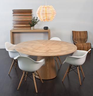 Table de salle à manger ronde d'inspiration japonaise en placage de frêne avec pied central et rangement dissimulé