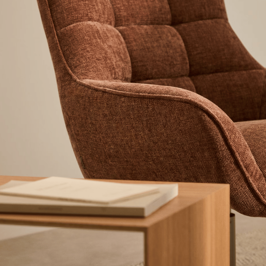 Fauteuil pivotant en chenille de style Mid-Century avec assise en mousse à densité moyenne pour salon