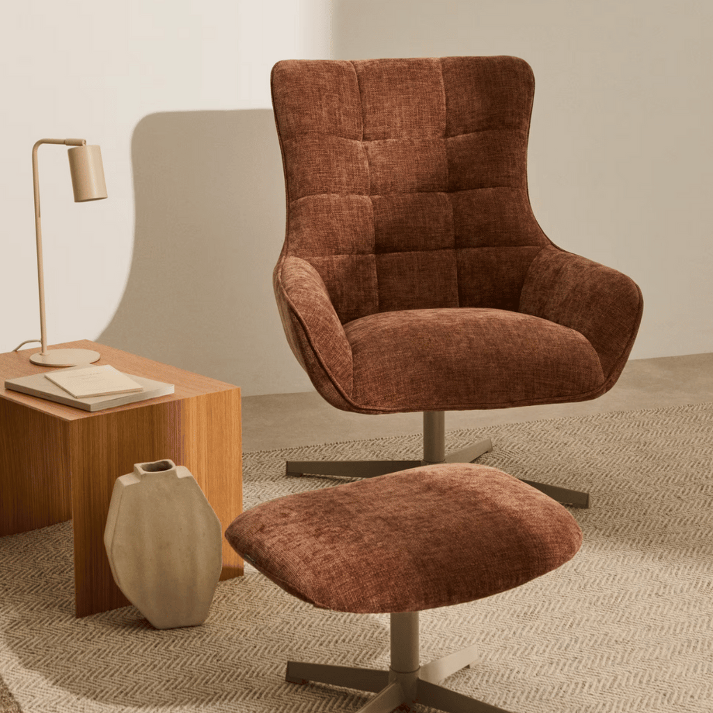 Fauteuil pivotant en chenille de style Mid-Century avec assise en mousse à densité moyenne pour salon