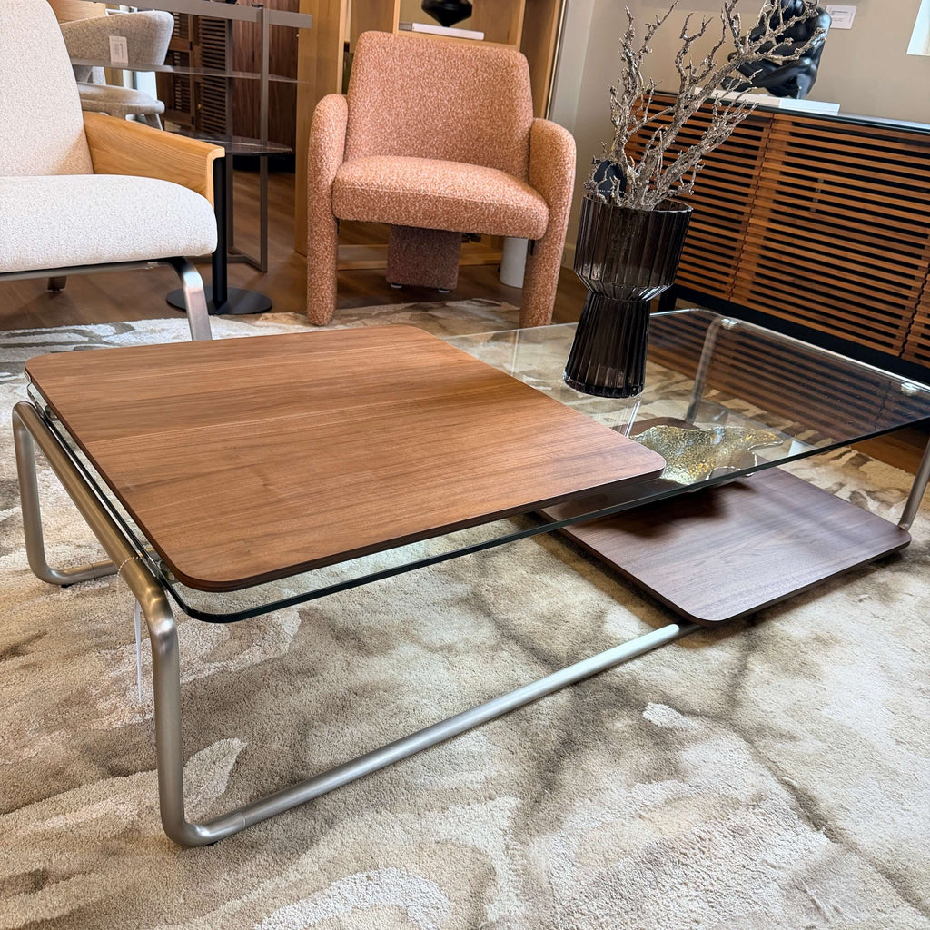Table basse en verre trempé et placage de noyer du milieu du siècle avec panneau coulissant pour salon