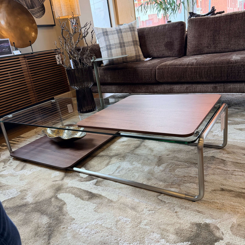 Table basse en verre trempé et placage de noyer du milieu du siècle avec panneau coulissant pour salon