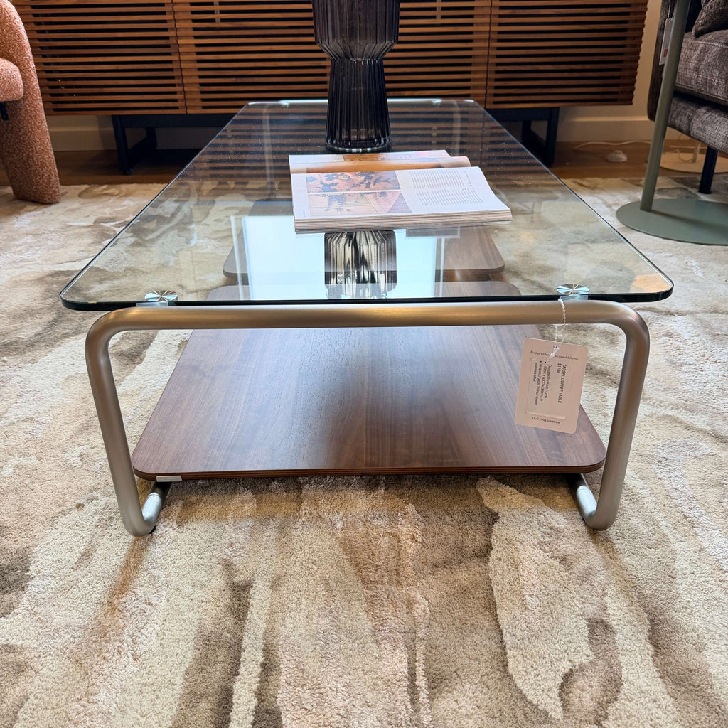 Table basse en verre trempé et placage de noyer du milieu du siècle avec panneau coulissant pour salon