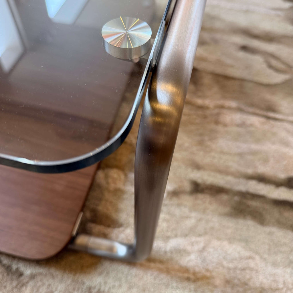 Table basse en verre trempé et placage de noyer du milieu du siècle avec panneau coulissant pour salon