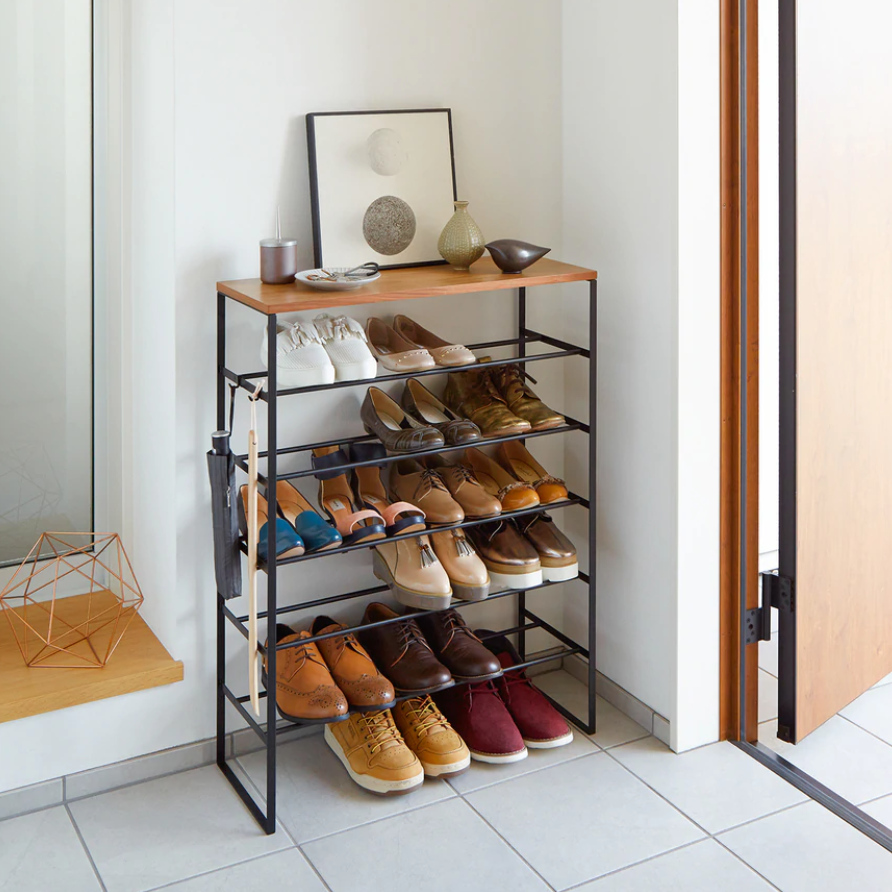Meuble console porte-chaussures en placage de noyer d'inspiration japonaise avec rangement à plusieurs niveaux pour couloir