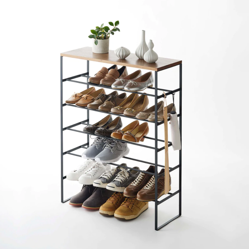 Meuble console porte-chaussures en placage de noyer d'inspiration japonaise avec rangement à plusieurs niveaux pour couloir