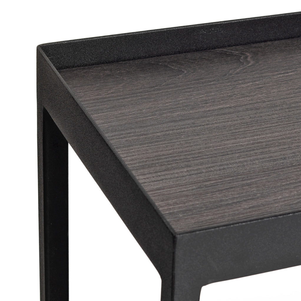 Console de rangement moderne en stratifié imitation bois avec compartiment caché à couvercle rabattable pour couloir