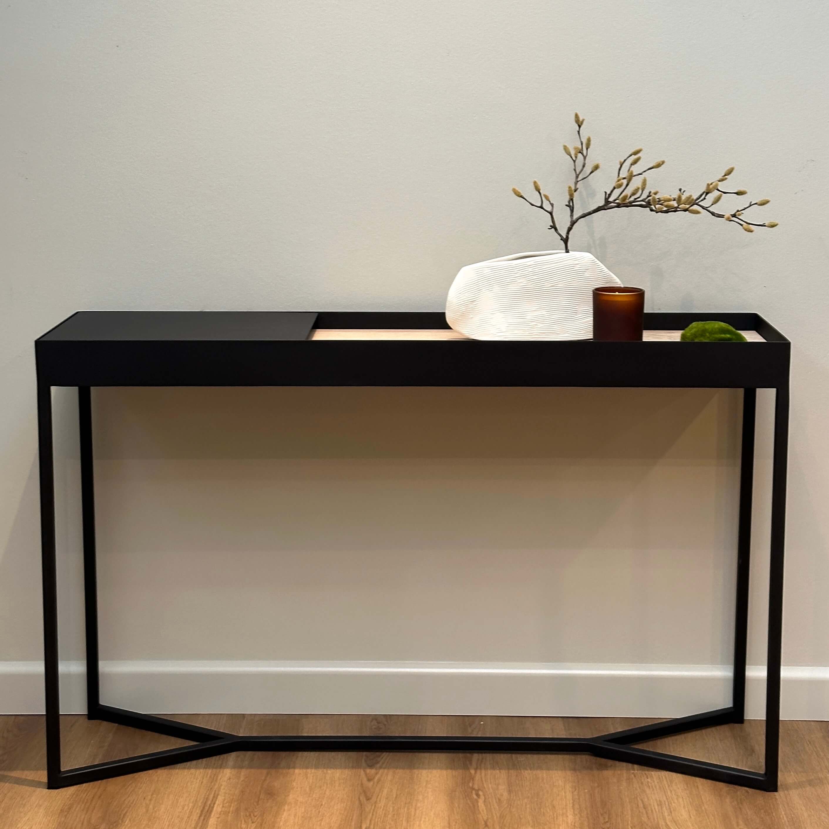Console de rangement moderne en stratifié imitation bois avec compartiment caché à couvercle rabattable pour couloir