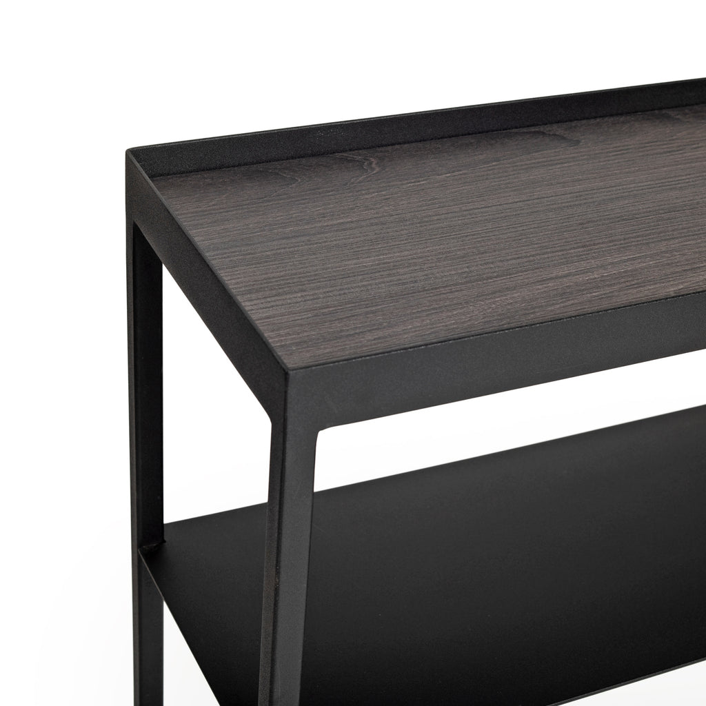 Console étroite en stratifié de bois industriel avec pieds en queue de poisson et étagère de rangement pour couloir