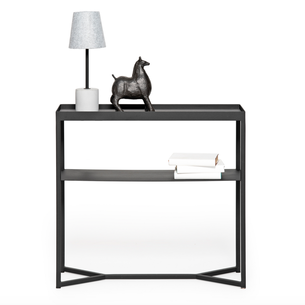 Console étroite en stratifié de bois industriel avec pieds en queue de poisson et étagère de rangement pour couloir