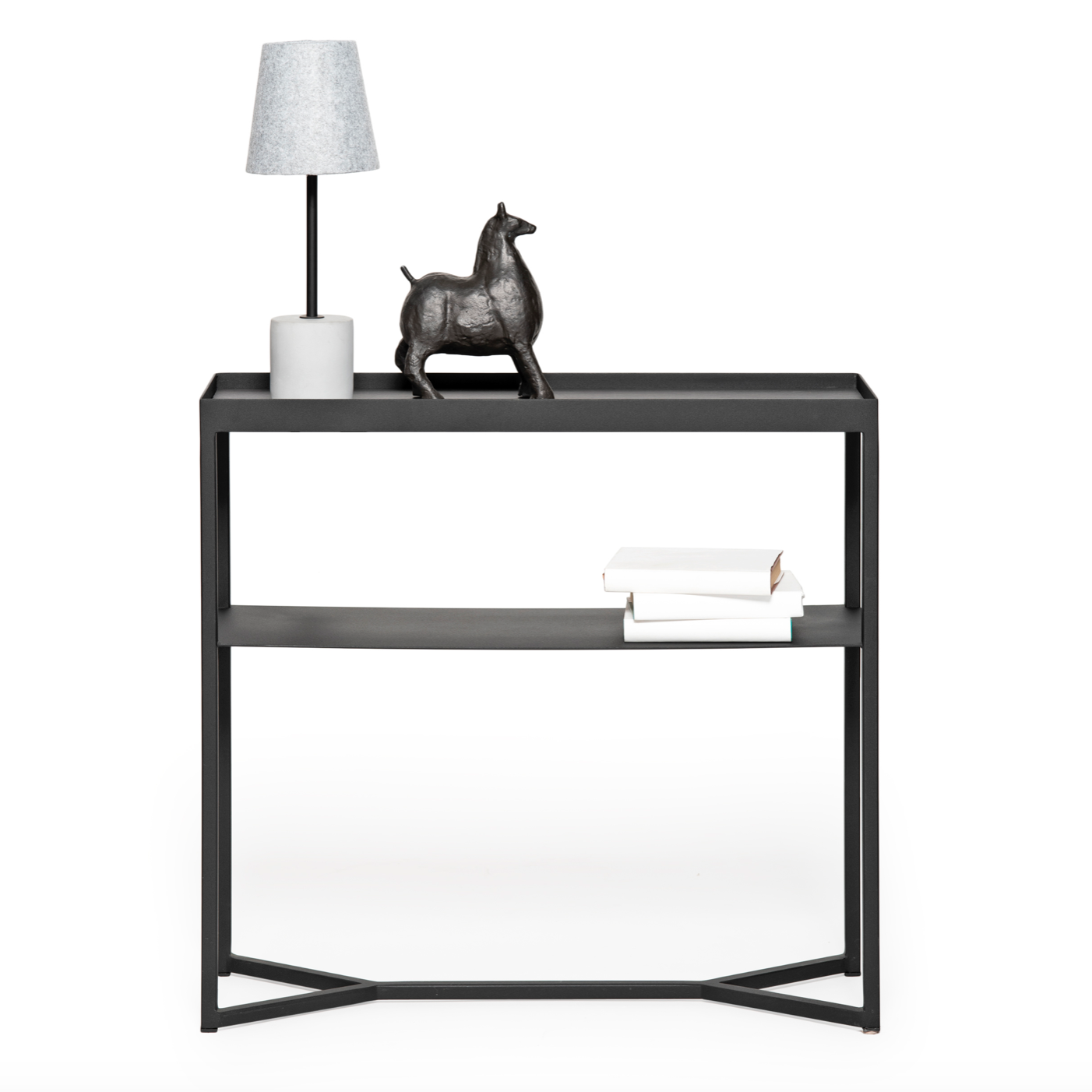 Console étroite en stratifié de bois industriel avec pieds en queue de poisson et étagère de rangement pour couloir