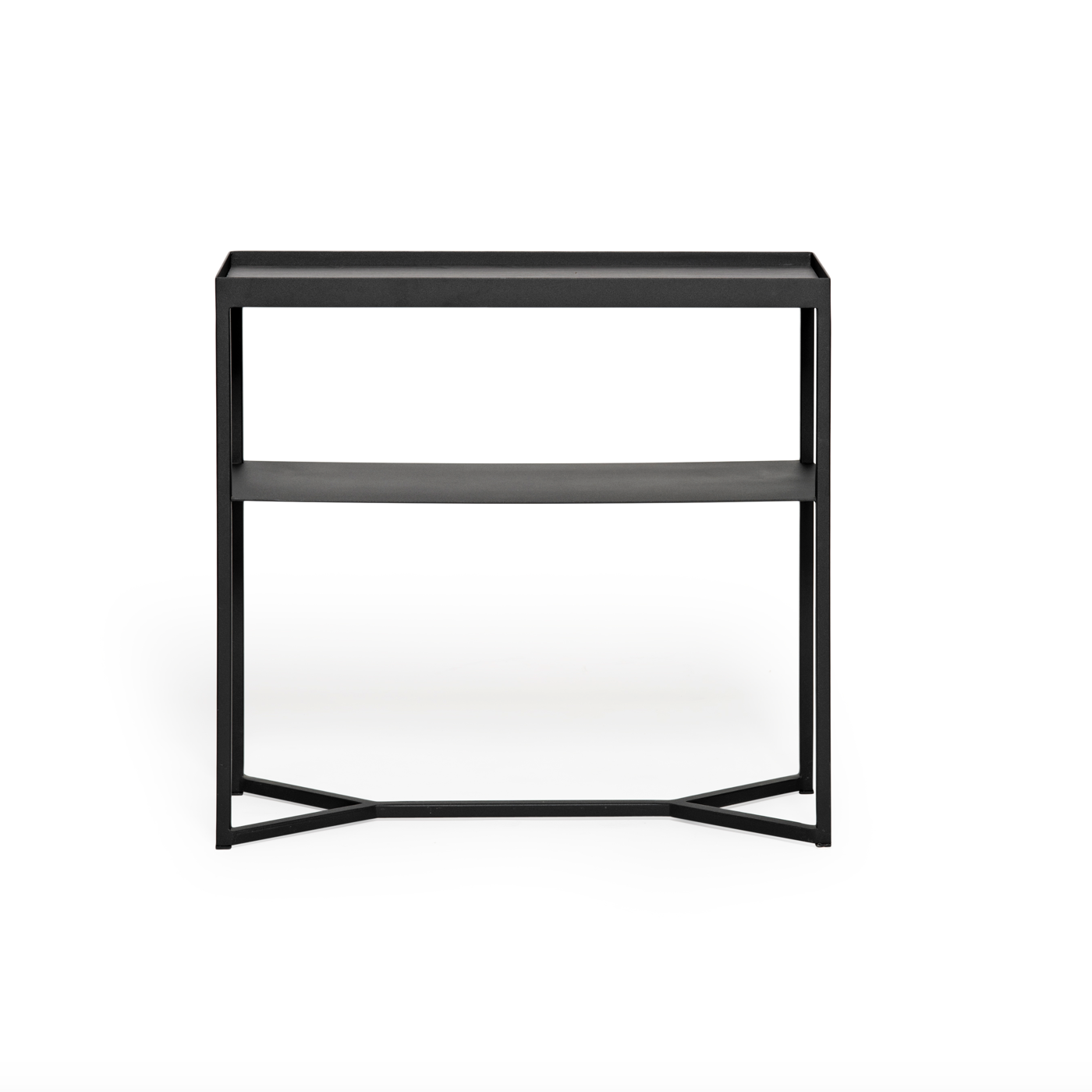 Console étroite en stratifié de bois industriel avec pieds en queue de poisson et étagère de rangement pour couloir
